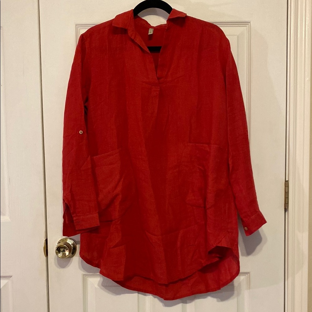 Red Oversized Long Sleeve Polo Tunic